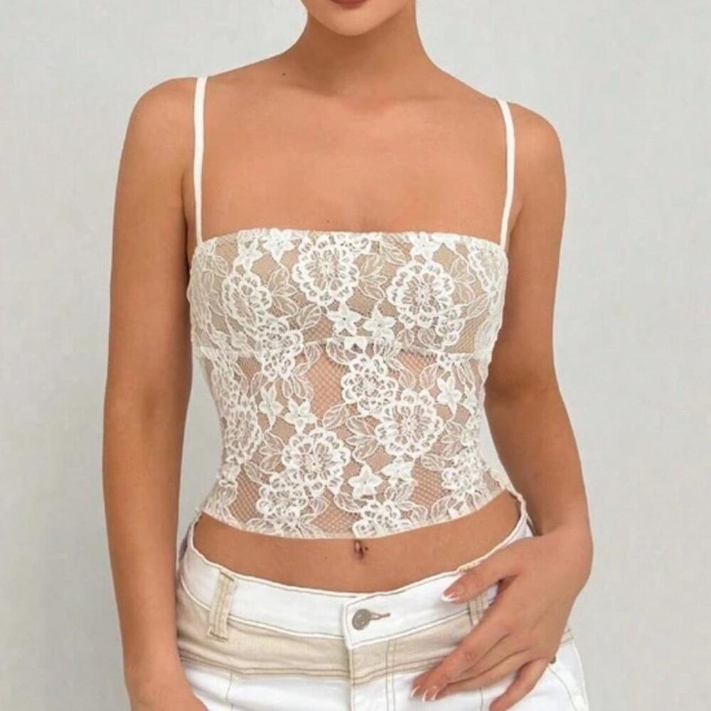 White lace tank top with backless design